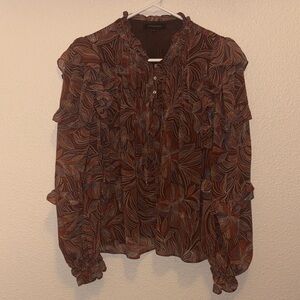 Olivaceous Brown Floral Ruffle Blouse – Long Sleeve, Medium, Like New